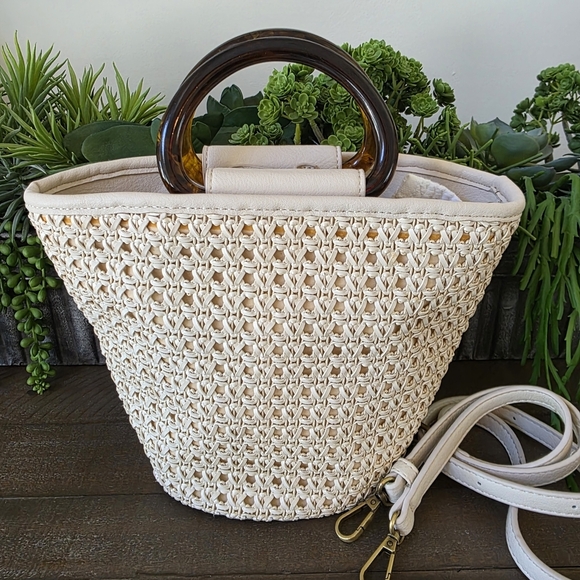 Anthropologie Westlyn Woven Bucket Bag In Cream With Crossbody Strap - Picture 2 of 10
